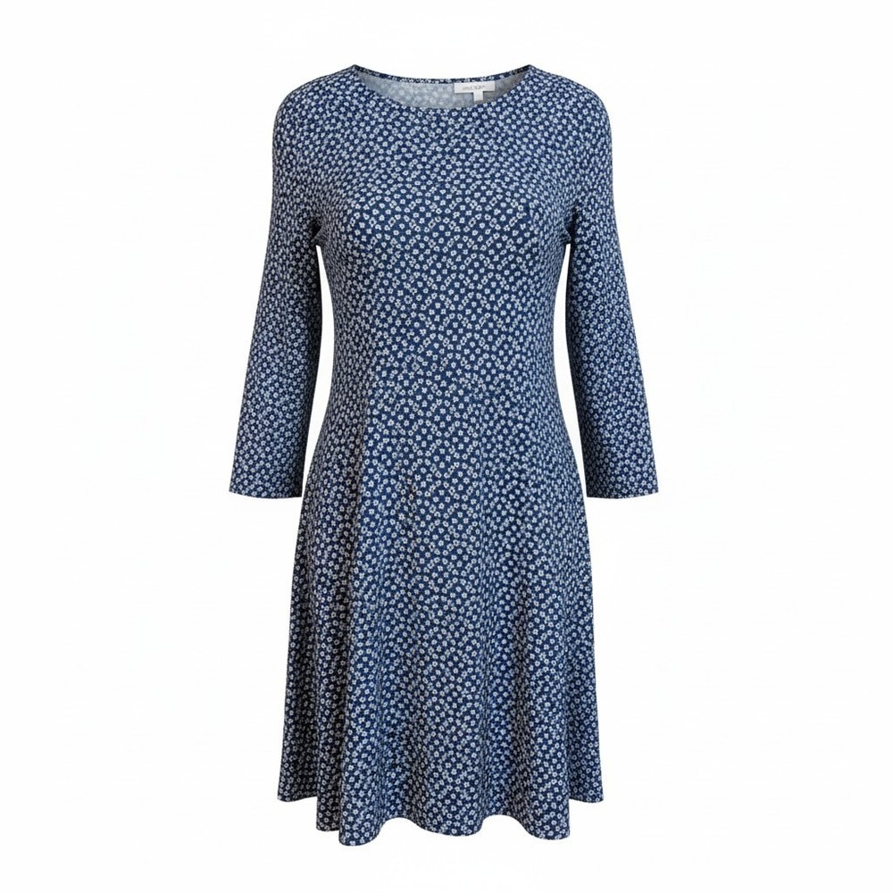 H&M Blue Geometric Floral Mod Shift Dress Size 8 High Neck 3/4 Sleeve Viscose